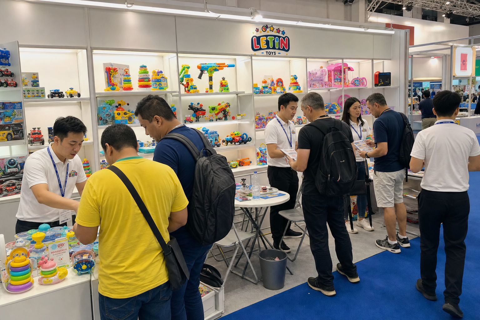 LETIN TOYS team discussing non-wooden toy products with international buyers at a trade fair