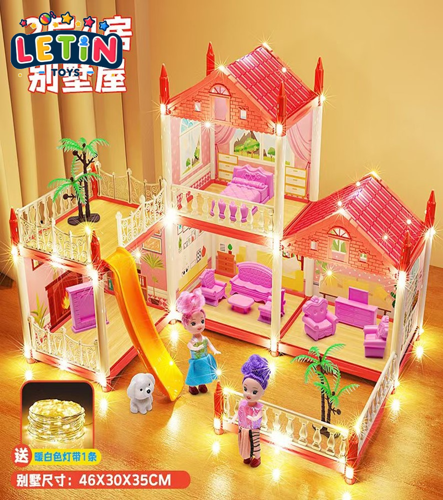 Deluxe Light-Up Dollhouse Villa with Dolls (Pink)