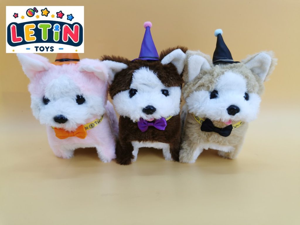 15cm Electric Walking Plush Husky with Party Hat Assorted Colors