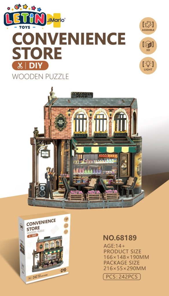 DIY Wooden Puzzle Convenience Store Miniature House Kit with LED Light