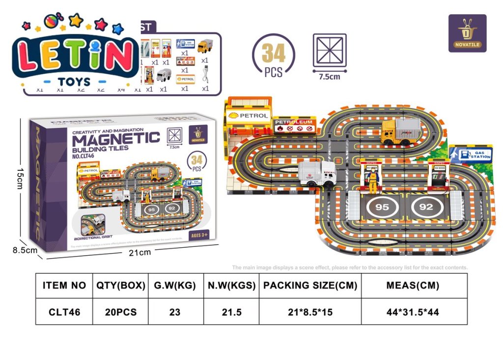 34-Piece Gas Station Scene Magnetic Tiles Set with Motorized Car