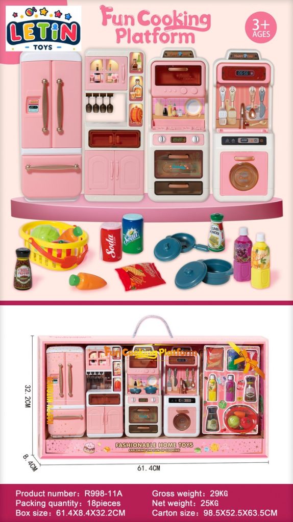 Kids Kitchen Cooking Platform Play Set with Fridge and Accessories