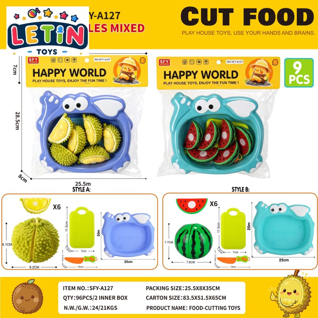 9-Piece Peelable Durian and Watermelon Cutting Play Set with Elephant Plate