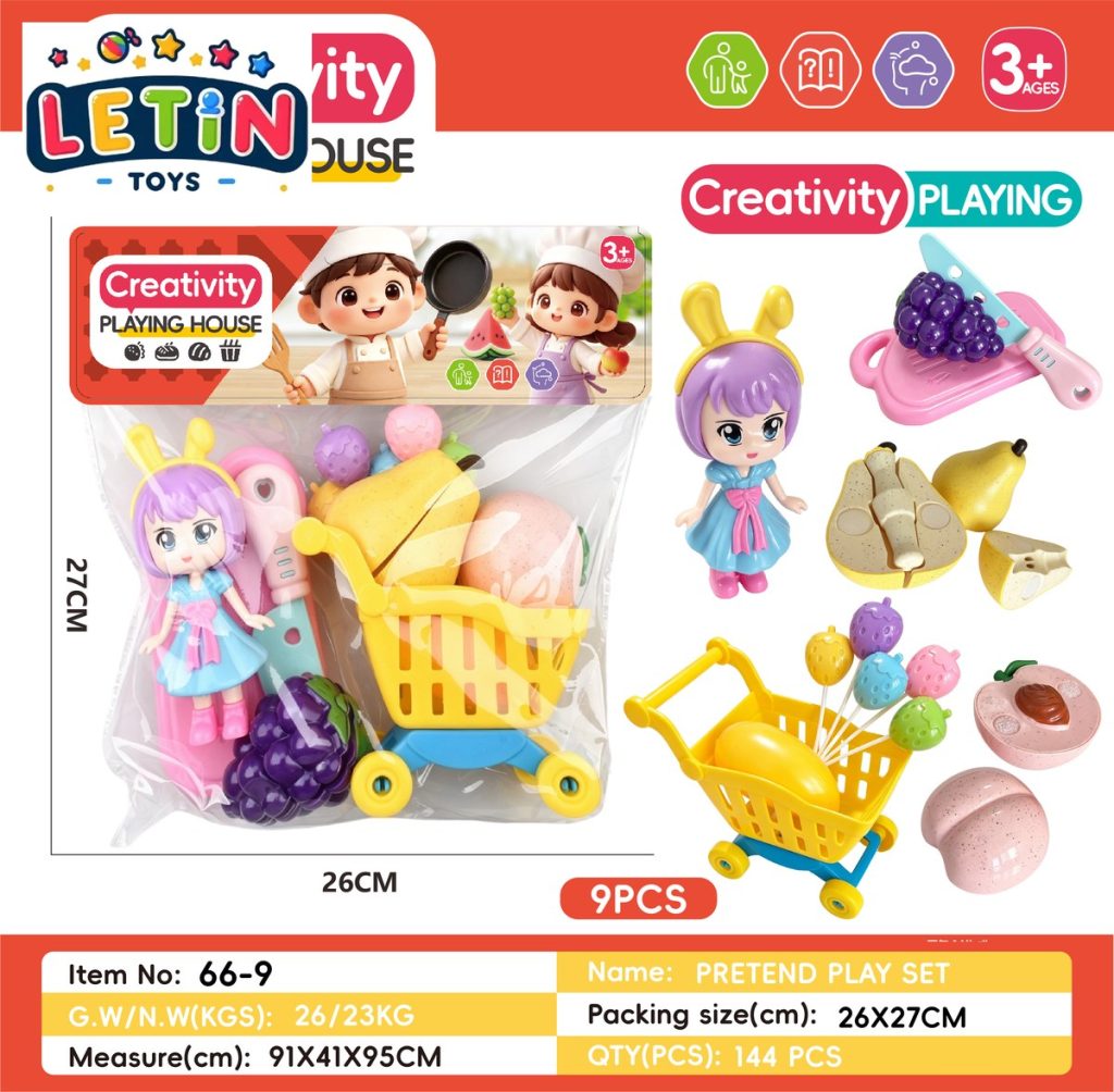 9-Piece Shopping Cart Cutting Fruit Play Set with Doll
